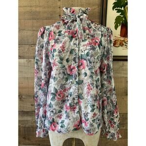 Vintage 1970’s Romantic Floral Bow Neck Tie Button Front Blouse Sz Medium